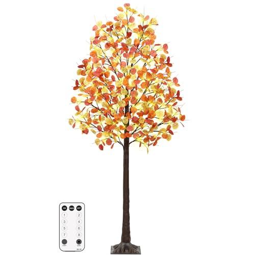 Remon 5FT Lighted Fall Tree - Artificial Fall Light Up Eucalyptus Tree with 130 Lights, 390 Leaves, Remote 8 Flashing Modes, Timing for Thanksgiving Autumn Harvest Indoor Outdoor Decorations