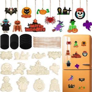3 x Jenaai 72 Pcs Halloween DIY Wooden Magnets Crafts Kit Refrigerator Decoration Halloween Painting Magnetic Stickers Pumpkins Bats Ghost Hanging Magnets for Garage Door Mailbox Decor