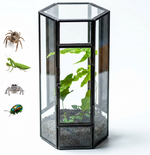 NCYP Mini Hexagon Shaped Enclosure Terrarium with Mesh, 4.1x3.6x7.8 inches Tabletop Jumping Spider, Small Insect Habitat, Vertical Placed (Terrarium Only)