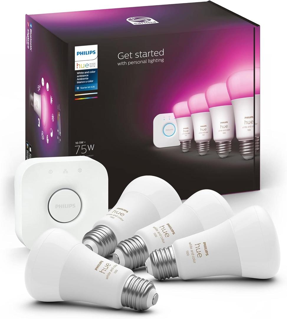 Philips Hue Smart Light Starter Kit - Includes (1) Bridge and (4) 75W A19 E26 LED Smart White and Color Ambiance Bulbs - Control with App - Compatible with Alexa, Google Assistant, and Apple HomeKit (3 Bulb Missing )