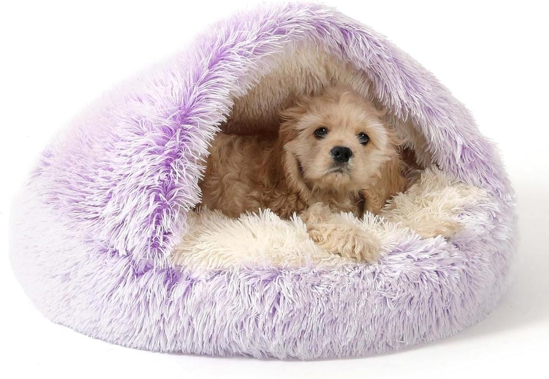 NOYAL Round Hooded Donut Dog Bed for Small & Medium Pets - Plush Fluffy Anti-Anxiety Cat Cave Bed with Cover (Small 19.6'', Gradient Purple)