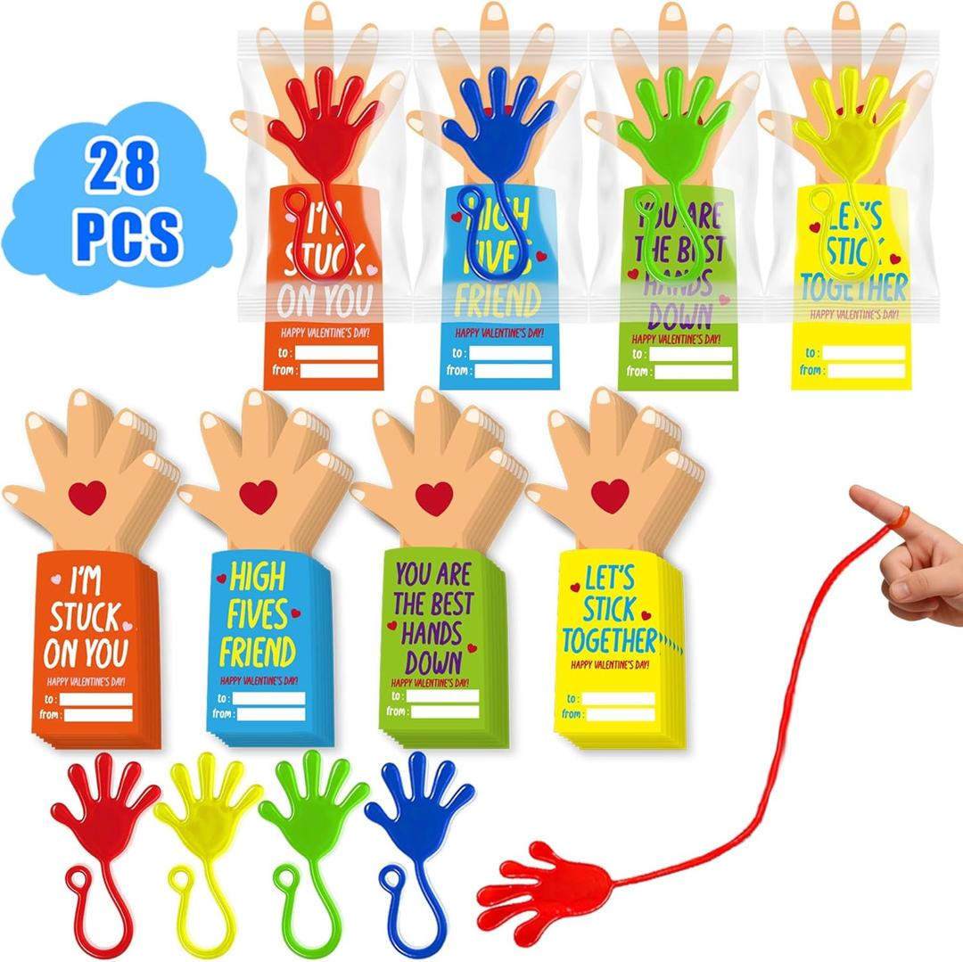 Valentines Cards for Kids Classroom - 28 PACK Sticky Hands with Kids Valentines Cards, Funny Valentine Classroom Gifts for Girls Boys, Valentines Party Favors & Goodie Bag Stuffers for Class Preschool