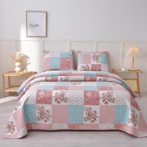 Queen Quilt Set 3 Piece Quilted Bedspread Lightweight Coverlet SetFloral Printed Quilted Bedding Set for All Season, Exquisite,Pink
