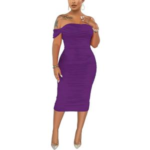 Women's Sexy Off Shoulder Sleeveless Bodycon Ruched Midi Elegant Cocktail Evening Party Night Tube Dresses (Medium, purple)