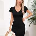 Missufe Women's V Neck Ruffle Short Sleeve Bodycon Summer Casual T Shirt Dress (Black, XL)