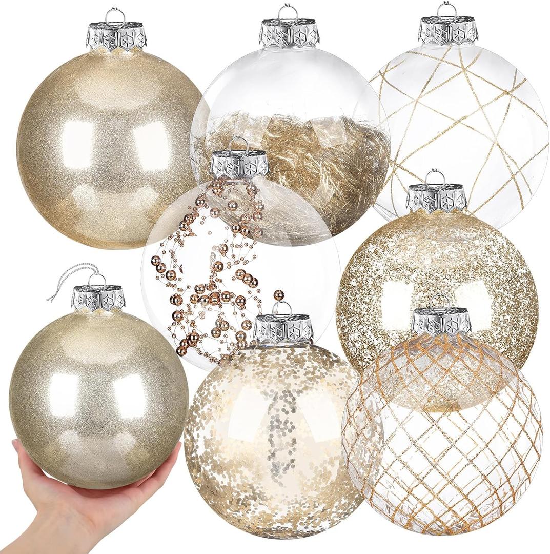 Wettarn Set of 8 Transparent Large Christmas Ball Ornaments 6 Inch Glitter Hanging Plastic Balls Christmas Tree Decorations for Lawn Yard Party with Exquisite Filling Decoration(Champagne Gold)