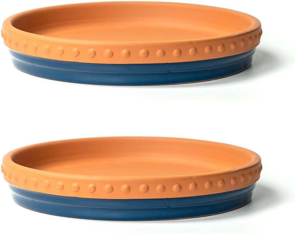 YBX 8-inch Plant Saucer Premium Terracotta Saucer Round Ceramic Plant Trays, Pack of 2 (Navy/Terracotta)