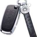 Compatible with Ford Key Fob Cover with Keychain, Black Genuine Leather Crystal Key Case Protection Shell for Ford Fusion F150 F250 F350 F450 F550 Edge Explorer Smart Remote Key