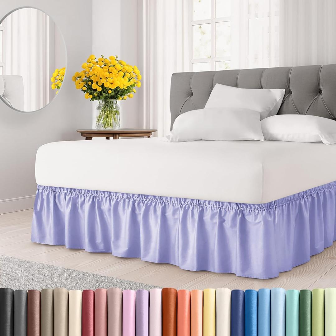 Wrap Around Dust Ruffle Bed Skirt - Lavender - for Queen Size Beds with 15 Inch Drop - Elastic Strap - Adjustable Pleated Bedskirt with Brushed Fabric and Wrinkle Free - for Women, Men, Kids & Teens