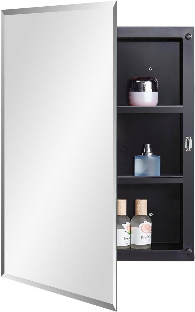 Black Plastic Bathroom Medicine Mirror Cabinet 16 x 22 inch, Surface and Recessed Mount, Beveled Edge Mirror