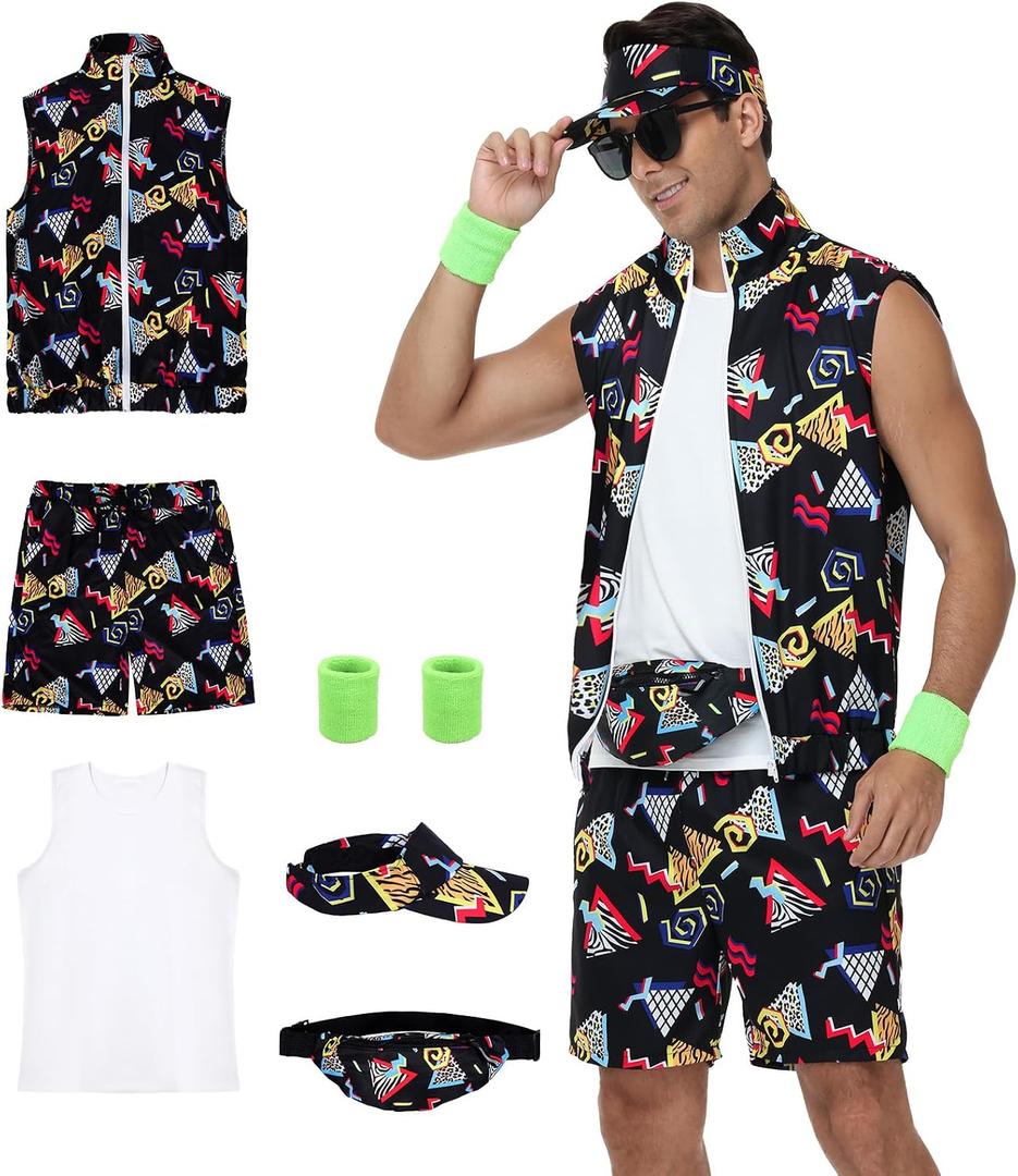 80s Outfit for Men, Neon Retro Workout Costume Set with Accessories (Size: Small, Black)