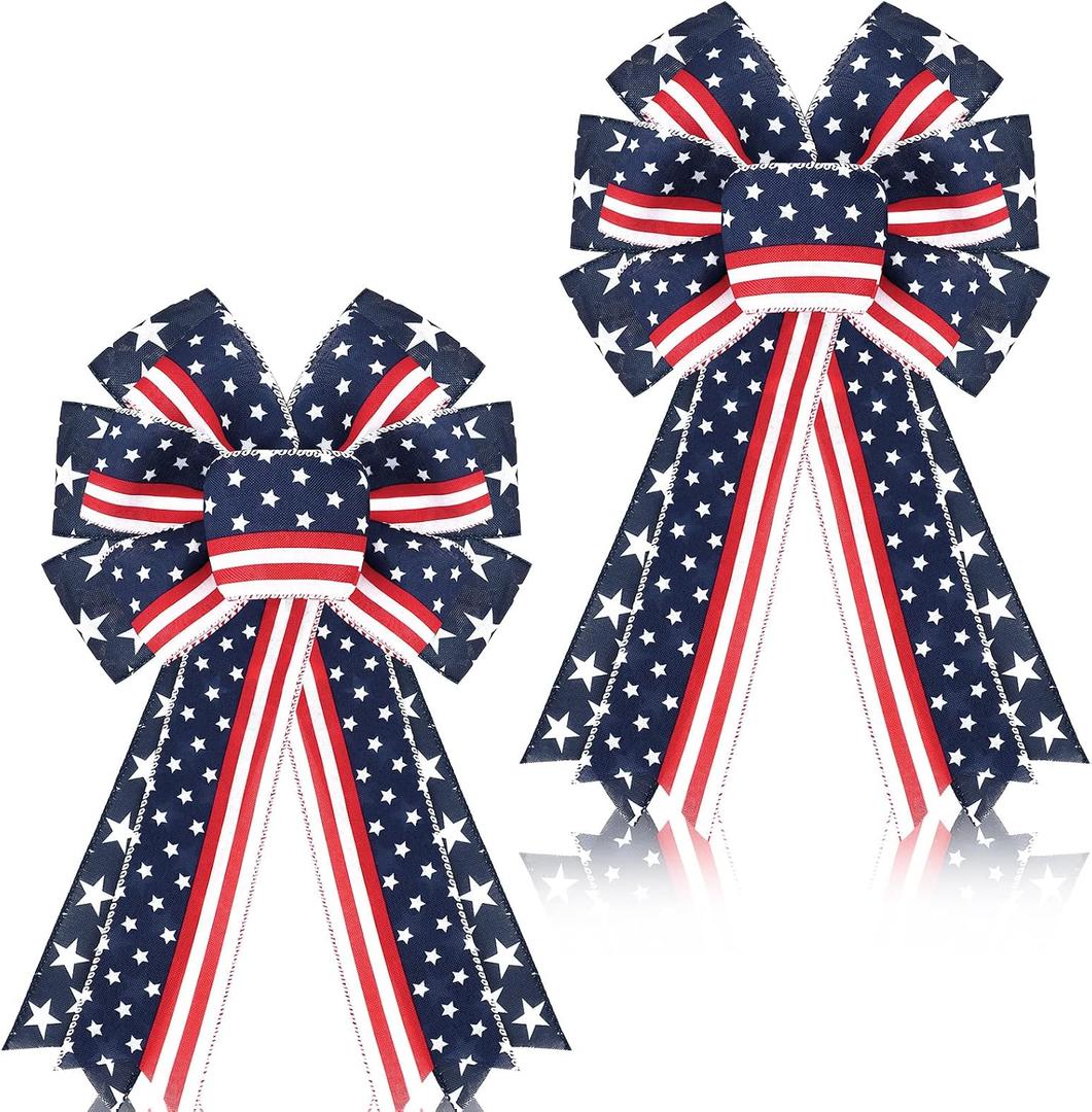 Unittype 2 Pcs Memorial Day Patriotic Bow Red White Blue Wreath 4th of July Star Burlap American Flag Bow for Indoor Outdoor Tree Topper Independence 250th Anniversary Party Decoration(Rustic)
