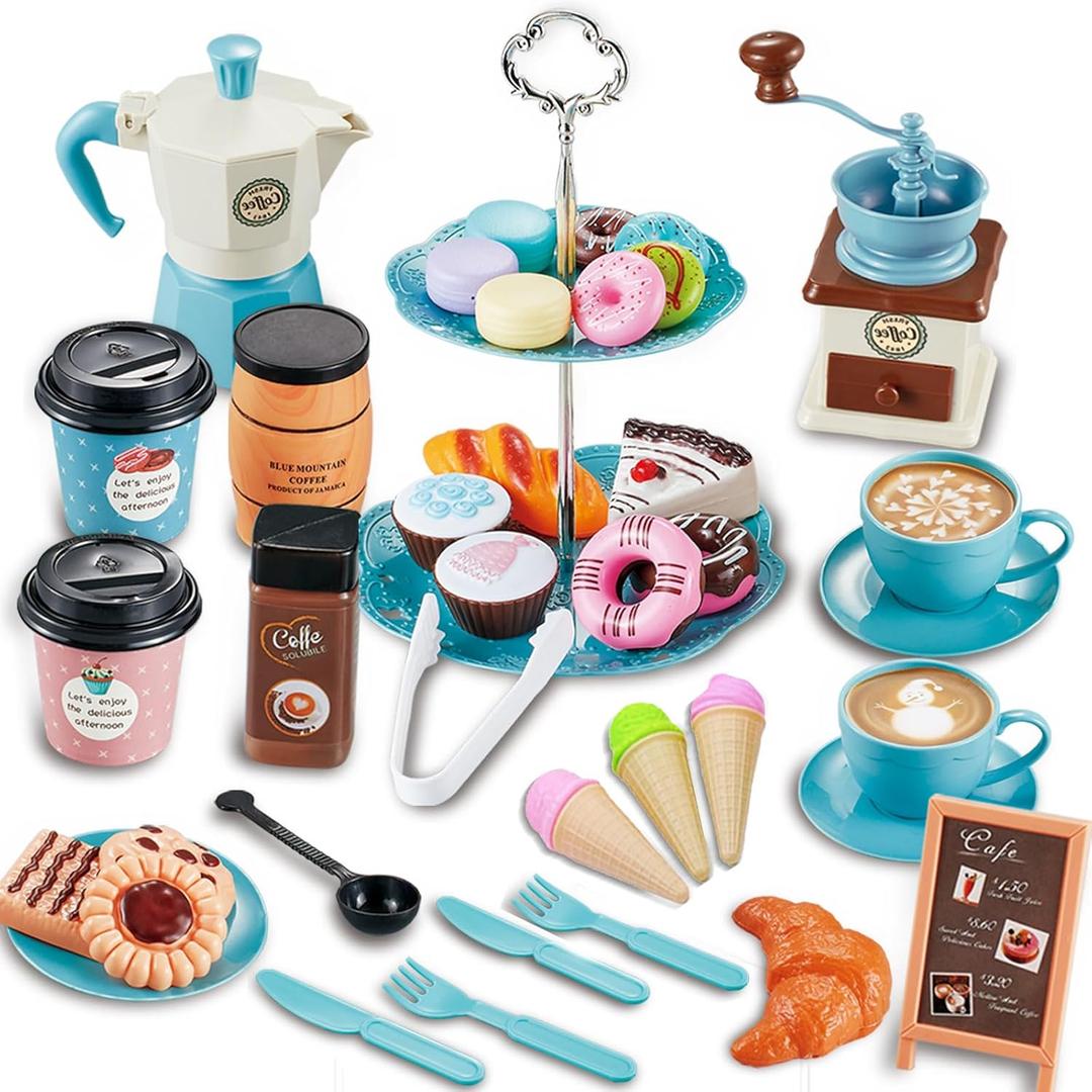 Pretend Tea Party Set for Little Girls, 41 PCS Coffee Maker Set and Play Food Dessert Set for Kids Age 3 4 5 6 7 8 9, Kids Kitchen Pretend Play for Princess Girls Boys