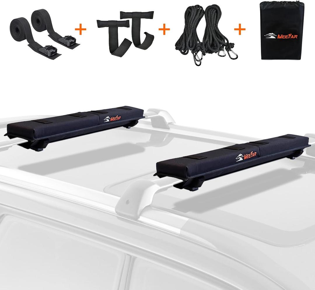 MeeFar Universal Car Soft Roof Rack Pads Luggage Carrier Rack for Kayak Surfboard SUP Canoe Include 2 Heavy Duty Tie Down Straps, 2 Tie Down Rope, 2 Quick Loop Strap