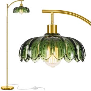 Gold Floor Lamp for Living Room,Unique Vintage Standing Tall Lamp,Mid Century Modern Floor Lamps Arc Green Glass Floor Lamps for Office Corner