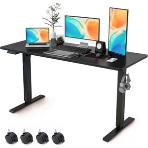 Electric Standing Desk Adjustable Height - Rolling Sit to Stand Desks on Wheels - Mobile Standup Computer Table 55 Inch Black One Piece Desktop and Rising Frame with Storage for Home Office & Gaming