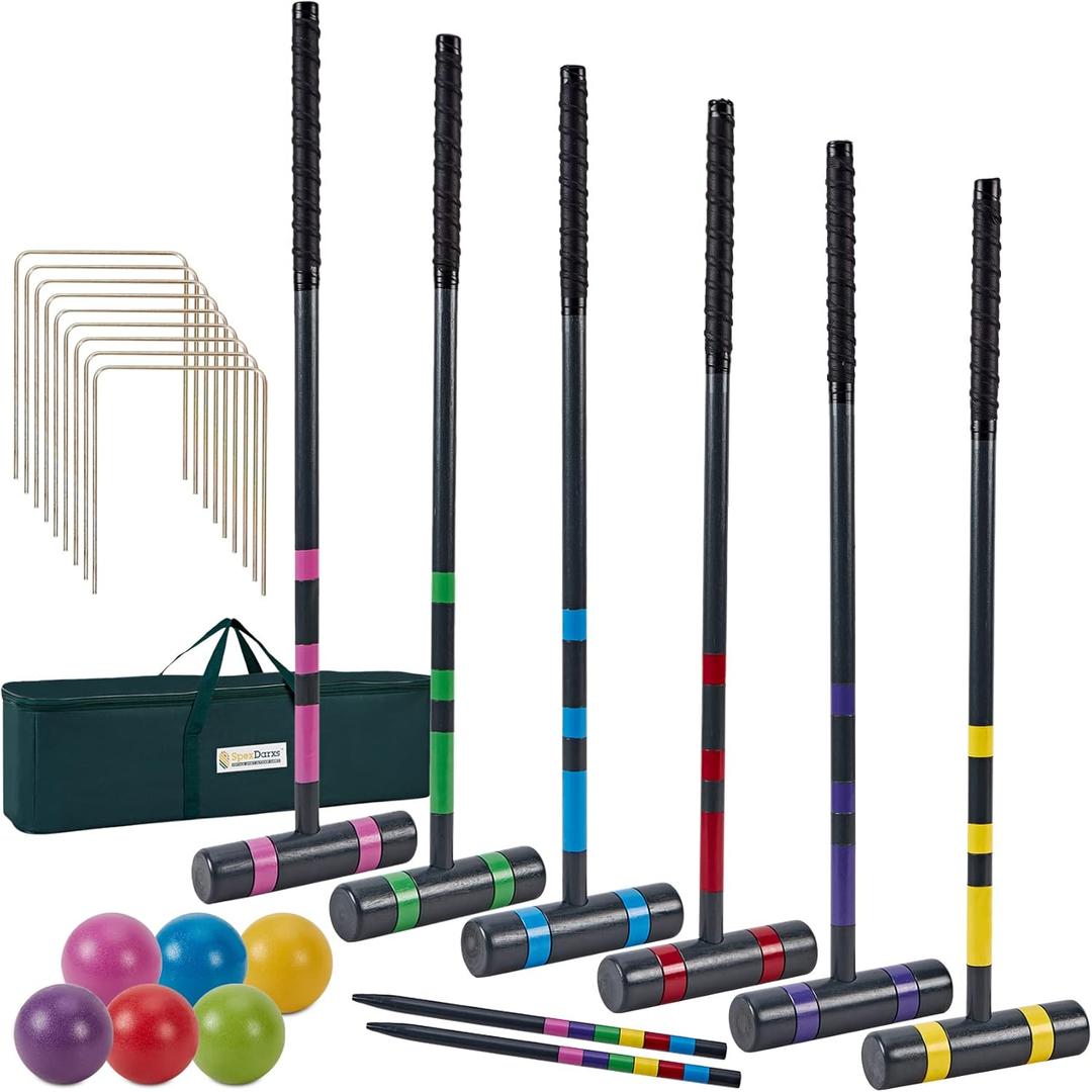 SpexDarxs Six Player Deluxe Croquet Set, 35'' Croquette Game with Premium Wooden Mallets/Colored Balls/Wickets/Stakes/Carrying Bag, Outdoor Lawn Backyard Games for Teens Adults Family
