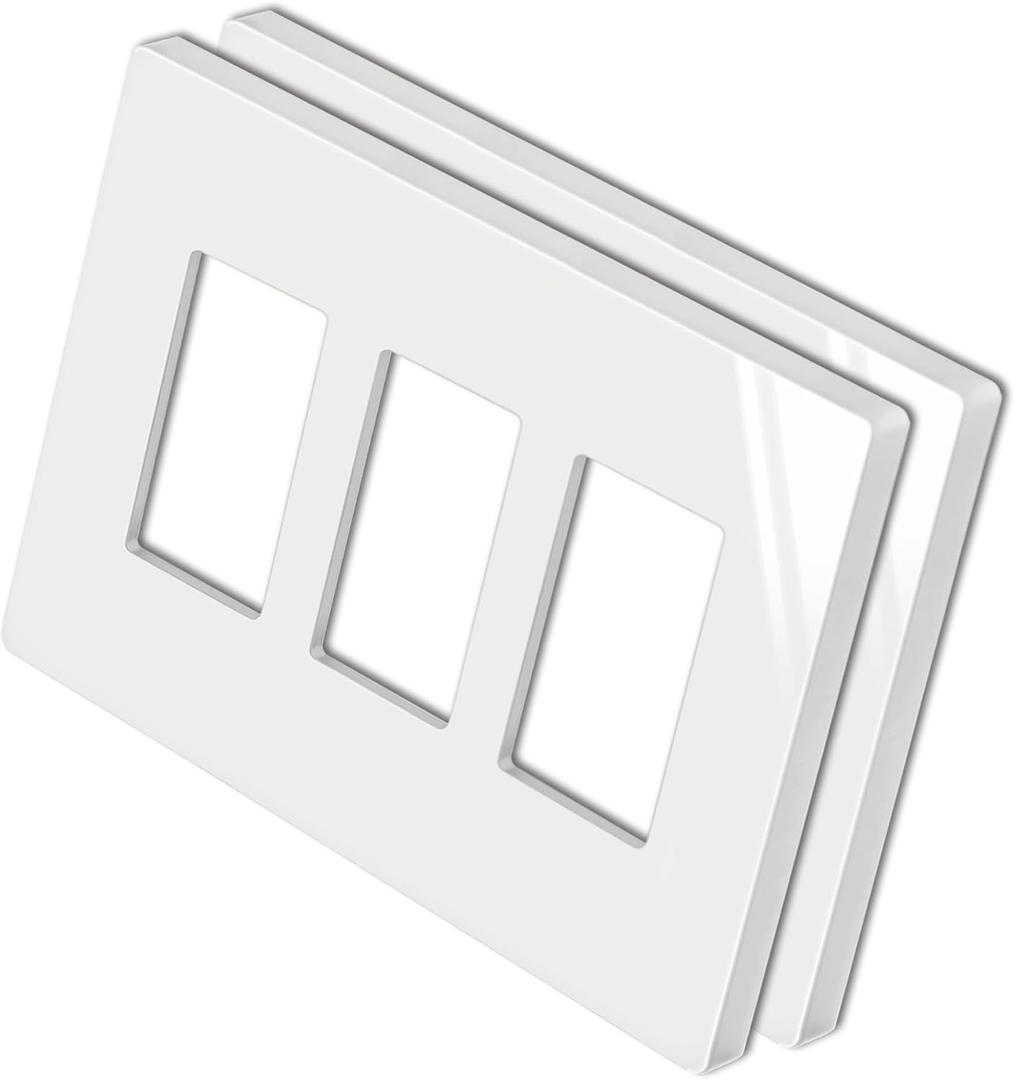 BESTTEN [2 Pack] 3 Gang Mid Size Screwless Wall Plate, USWP4 Gloss White Series, H4.88 x W6.74, Unbreakable Polycarbonate Midway Outlet Cover