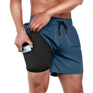 BRISIRA Mens Swim Trunks Swim Shorts Quick Dry 5 inch Inseam Beach Shorts with Compression Liner and Zipper Pocket (34, Copenblue)