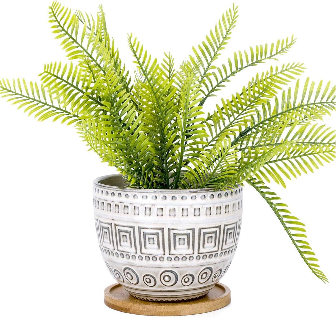 VanEnjoy 5.5 inch Large Round Bohemian Style Ceramic Planter, Geometry Engrave Off White Brown Succulent Planter Flower Pot, Indoor Outdoor Decorative Planter (#04)
