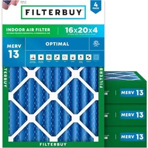 Filterbuy 16x20x4 Air Filter MERV 13 Optimal Defense (4-Pack), Pleated HVAC AC Furnace Air Filters Replacement (Actual Size: 15.50 x 19.50 x 3.63 Inches)