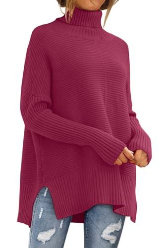 LILLUSORY Women's Oversized Turtleneck Sweaters Fall Batwing Sleeve Ribbed Tunic Sweater, Berry Small