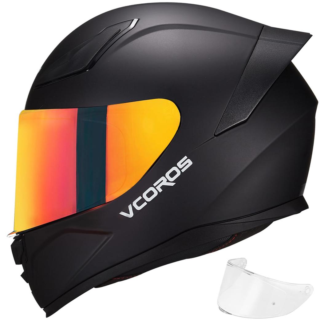 VCOROS Full Face Motorcycle Helmet WS609 DOT Approved Adult Street Racing, Black, Large