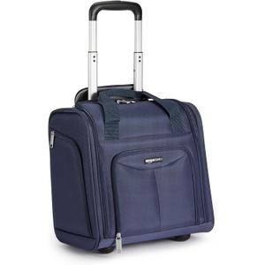 Amazon Basics Underseat Carry-On Luggage with Wheels and Handle, 14" Rolling Travel Bag, Fits Overhead Bins, Organized Compartments, Navy