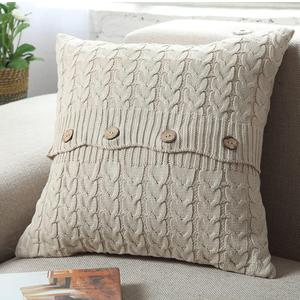 Cotton Knitted Decorative Throw Pillow Cover Sweater Square Warm Cushion Cover for Couch Bed, Home Accent Decor (Beige, 18" x 18")