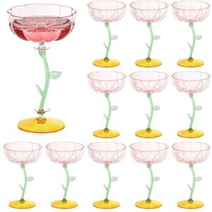 12 Pcs Pink Plastic Ribbed Coupe Glasses Detachable 7oz Flower Cocktail Glasses Modern Wavy Plastic Cocktail Coupes Disposable Martini Glasses Mimosa Glassware champagne goblets (12, PInk)