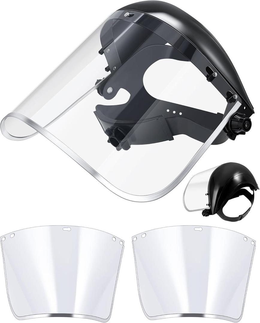 3 Pcs Safety Full Face Shield Mask Included 1 Pcs Face Shield 2 Pack Replacement Visor for Grinding and Cutting Impact Resistant Headgear Safety System for General Manufacturing