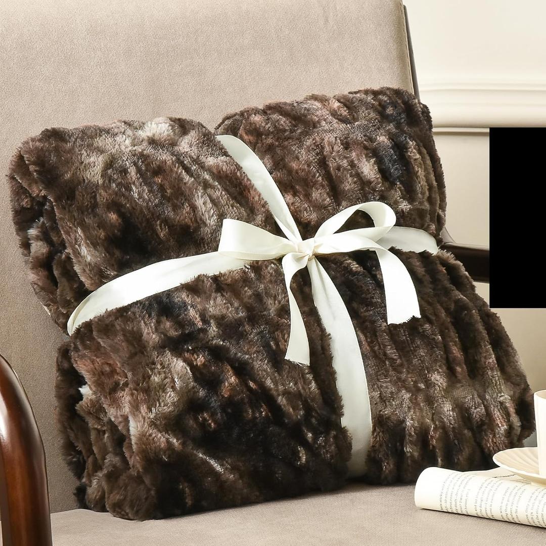 PHF Fluffy Ruched Faux Fur Twin Blanket for Couch, Cozy Plush Soft Luxury Warm for Fall Winter, Reversible Furry Thick Lightweight Blanket for Bed Sofa, Aesthetic Room Decor, 60 * 80 Inches, Tie Dye Brown