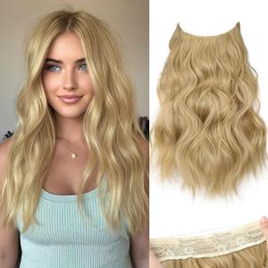 KooKaStyle Invisible Wire Hair Extensions with Transparent Wire Adjustable Size Long Wavy Synthetic Hairpiece 15/613#Golden Blonde 16 Inch with 4 Secure Clips for Women