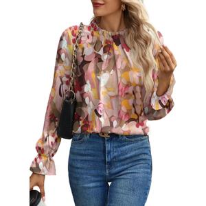 Women's Swiss Dot Shirt Ruffle Long Sleeve Pleated Crewneck Blouse Casual Loose Tops (16 Boho Floral) S