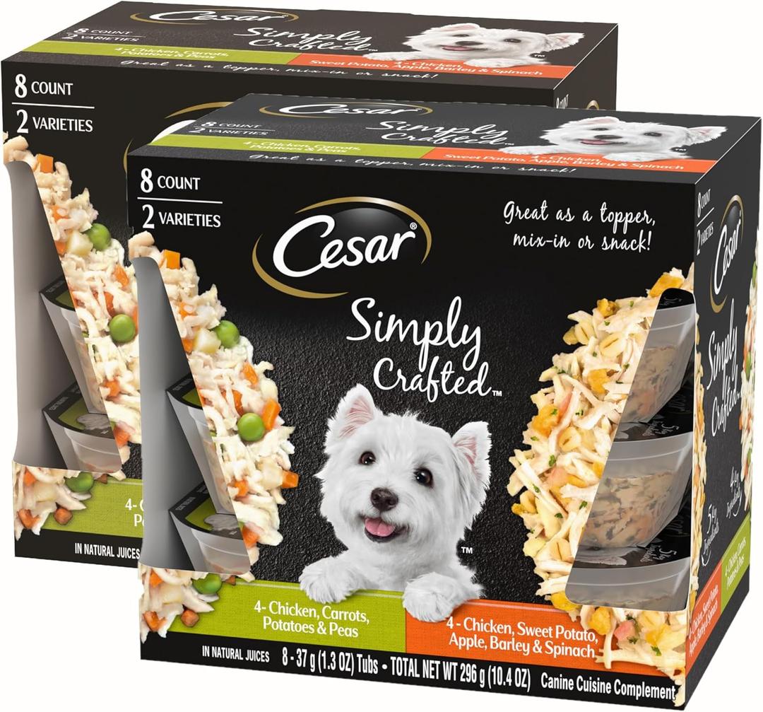 Cesar Simply Crafted Wet Dog Food Toppers for Dry Food, Chicken, Carrots, Potatoes & Peas and Chicken, Sweet Potato, Apple, Barley & Spinach Meal Topper Variety Pack, 1.3 oz. Tubs, 8 Count (Pack of 2), Best By: 01/08/2026