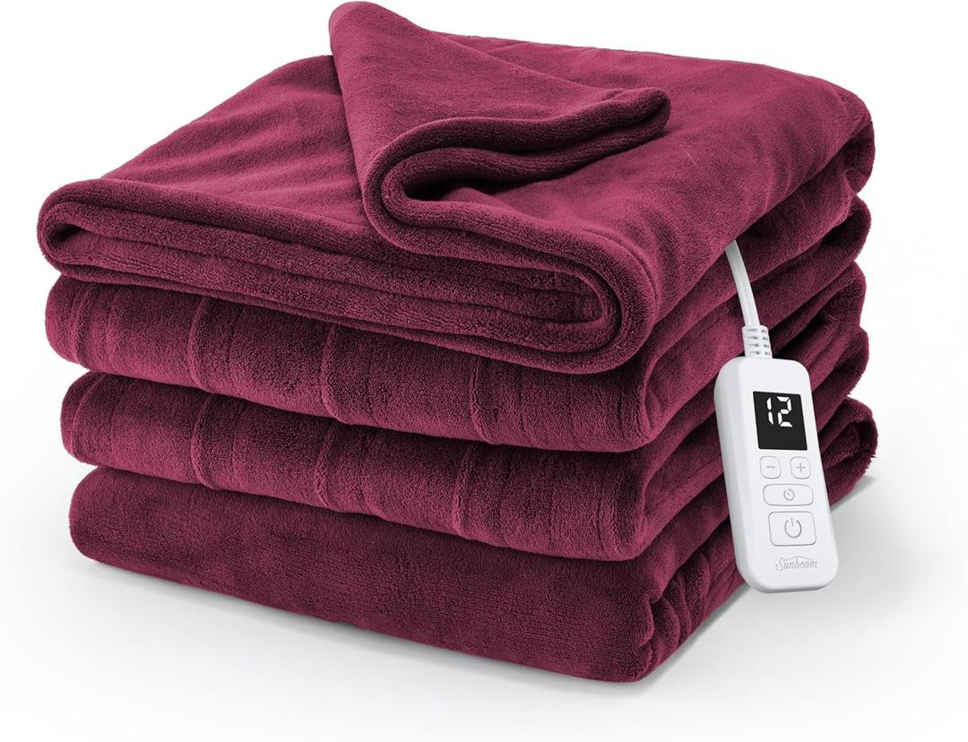 Sunbeam Electric Royal Luxe Microplush Heated Blanket, 12 Heat Settings, 12-Hour Selectable Auto Shut-Off, Fast Heating, Warm and Cozy, Cabernet Color, Full, 84" x 72"