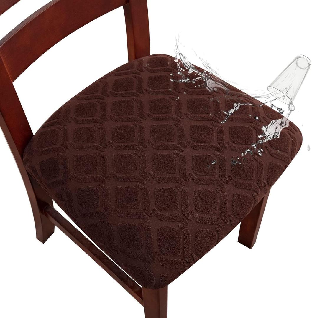 Genina Waterproof Seat Covers for Dining Room Chairs, Stretch Chair Covers Removable Washable Dinning Room Kitchen Chair Seat Cushion Slipcovers (Jacquard-Chocolate, 6 PCS)