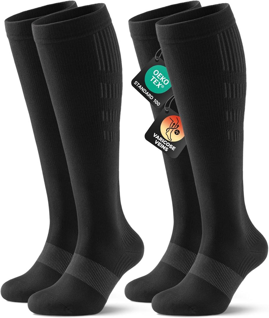 PULIOU Cooling Compression Socks for Women Men, 20-30 mmHg Circulation for Nurses, Travel, Flying, Running, 2 Pairs (Large-X-Large, Black)