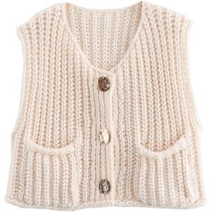 VNIRA Womens Fashion Casual Chunky Sweater Vest Sleeveless Button Down Knit Crop Top Open Front Cardigan with Pockets Beige M