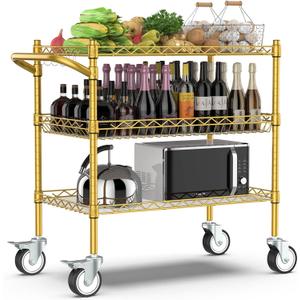Leteuke 3 Tier Rolling Carts with Wheels,Heavy Duty Utility Bar Cart,NSF Commercial Grade Metal Cart with Handle&Shelf Liner,Trolley Serving Cart for Kitchen,Restaurant,Plant Display,Gold