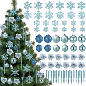 Soulchen 72 Pcs Christmas Tree Decorations Set, Blue Hanging Icicles Ornaments Shatterproof Christmas Balls Glitter Snowflakes Ornament Poinsettia Flowers for Xmas Tree Party Decor