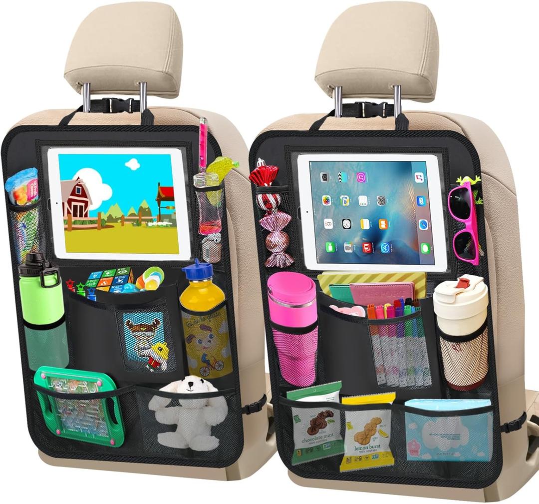 Car Backseat Organizer 2 Pack Car Organizer Back Seat with 11" Tablet Holder, 10 Storage Pockets Seat Back Protectors Kick Mats for Kids Toddlers, Travel Accessories (Black)
