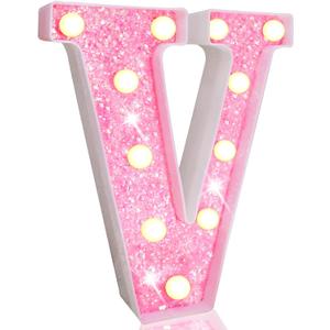 Pooqla LED Marquee Letter Lights, Pink Glitter Light Up Letters Alphabet Sign Battery Powered Night Light, Birthday Party Wedding Girls Gifts, Christmas Room Dorm Bedroom Decoration, Pink Letter V