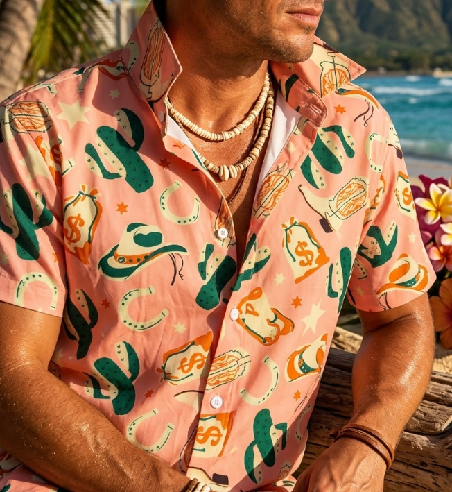 Men's Hawaiian Shirt Short Sleeves Cactus Money Printed Button Down Summer Beach Casual Shirts, Large