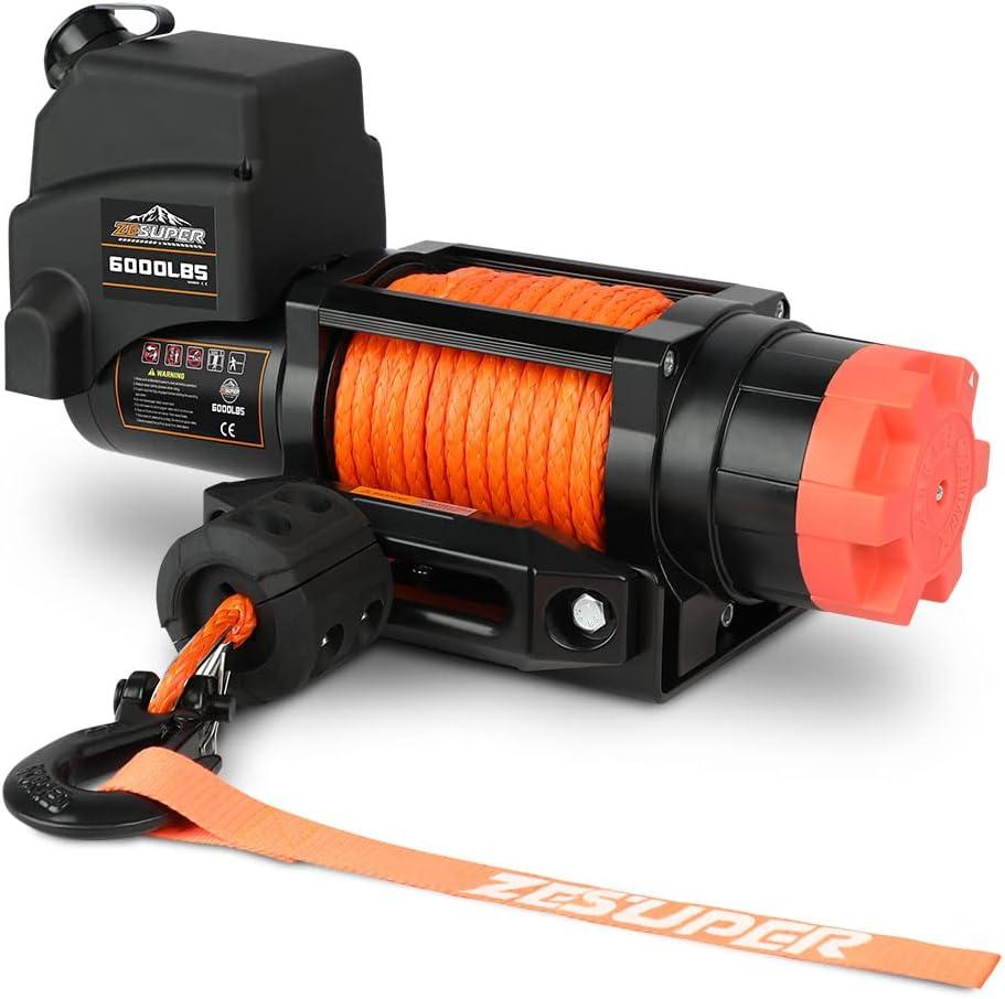 ZESUPER 6000lb Waterproof IP67 Electric Winch for UTV ATV Trailer, 12 Volt Winch with Synthetic RopeHawse Fairlead, Wireless Handheld Remote and Corded Control