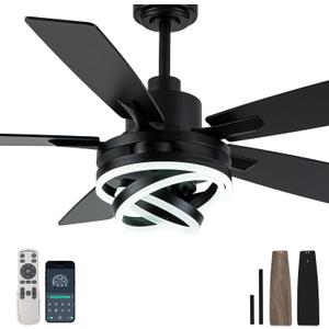 Bella Depot 52" Modern Black Ceiling Fan with Light and Remote, Chandelier Fan Light for Living Room Bedroom Office Indoor Patio