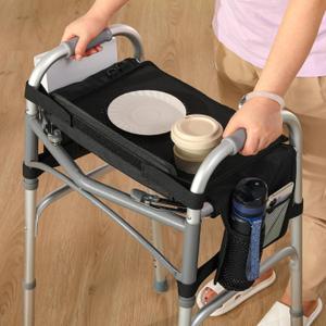 Tray for Walkers for Seniors with Cup Holder - Walker Accessories w/Pockets, Cup Holder & Non Slip Mat for FoodMobility Trays Fits Most Standard Folding Walkers, Removable & Easy Assembly (RIGHT-HANDED)