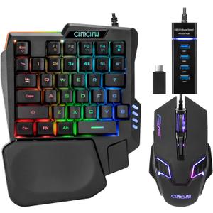 One Handed Half Keyboard Mouse USB Spilitter Type-C Adapter Gaming Combo with RGB LED Backlit 7200DPI CPI Customize 4 Port Adapter Mini Size Small Wired Set for LOL/Wow/fortnite/Dota/PUBG