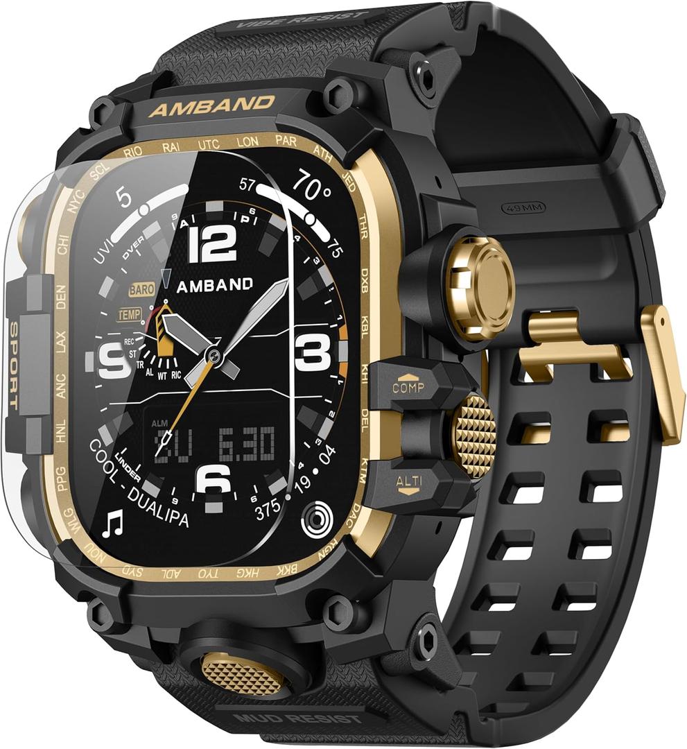 amBand Compatible with Apple Watch Ultra 2/Ultra Bands Case 49mm for Men, M3 Rugged Cover Military Sport Strap with Glass Screen Protector, Heavy Duty Protective Bumper for iWatch 49 mm - Black Gold