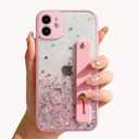siduater Strap Holder Case for 6.1" iPhone 11 with Convertible Stand, Bling Glitter Sparkle Clear Case Soft TPU Bumper Adjustable Finger Grip Loop for iPhone 11 6.1 Inch, Pink